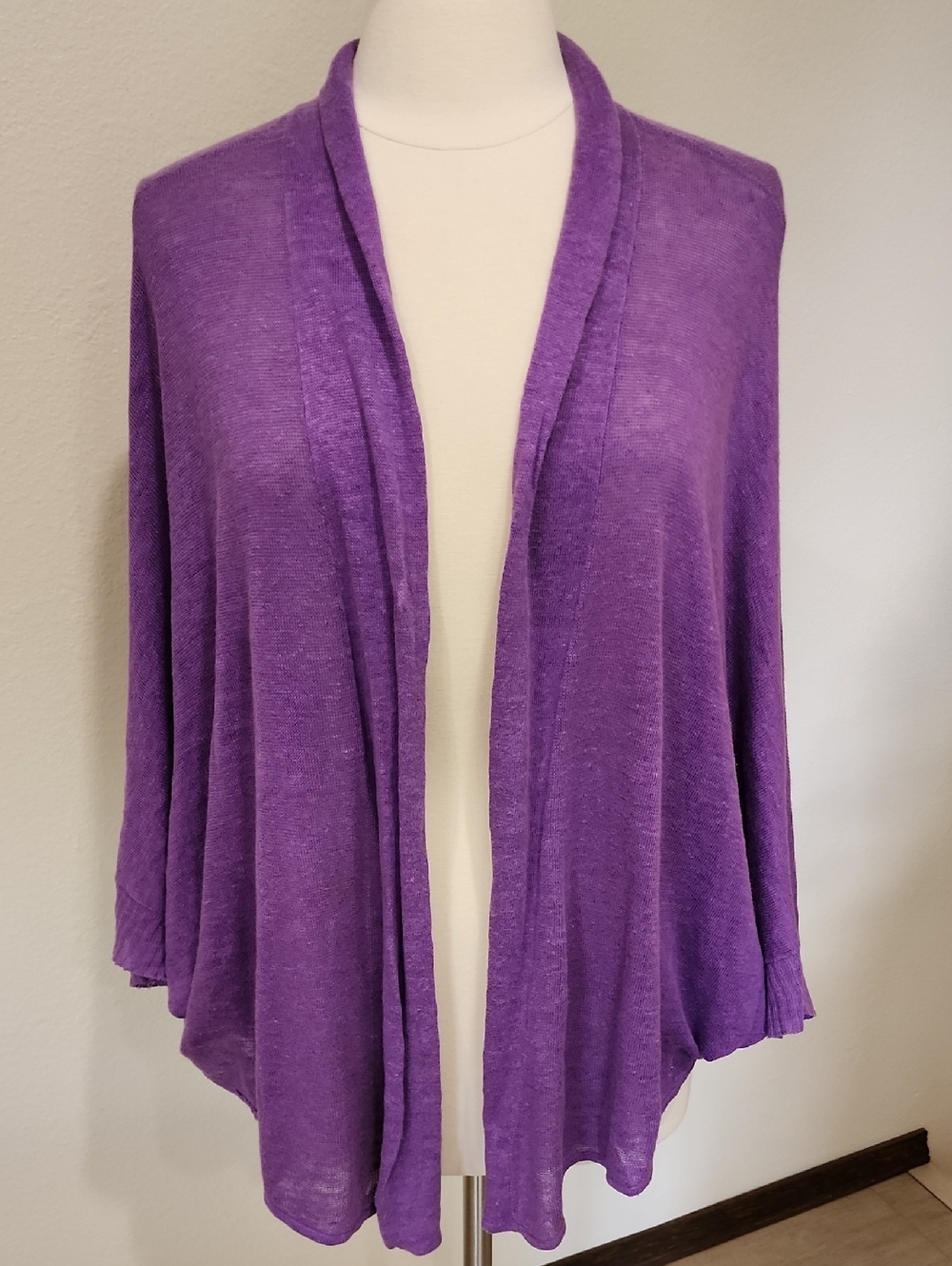 Eileen Fisher Open Front Cardigan 100% Linen Purple Batwing Sleeves size Medium
